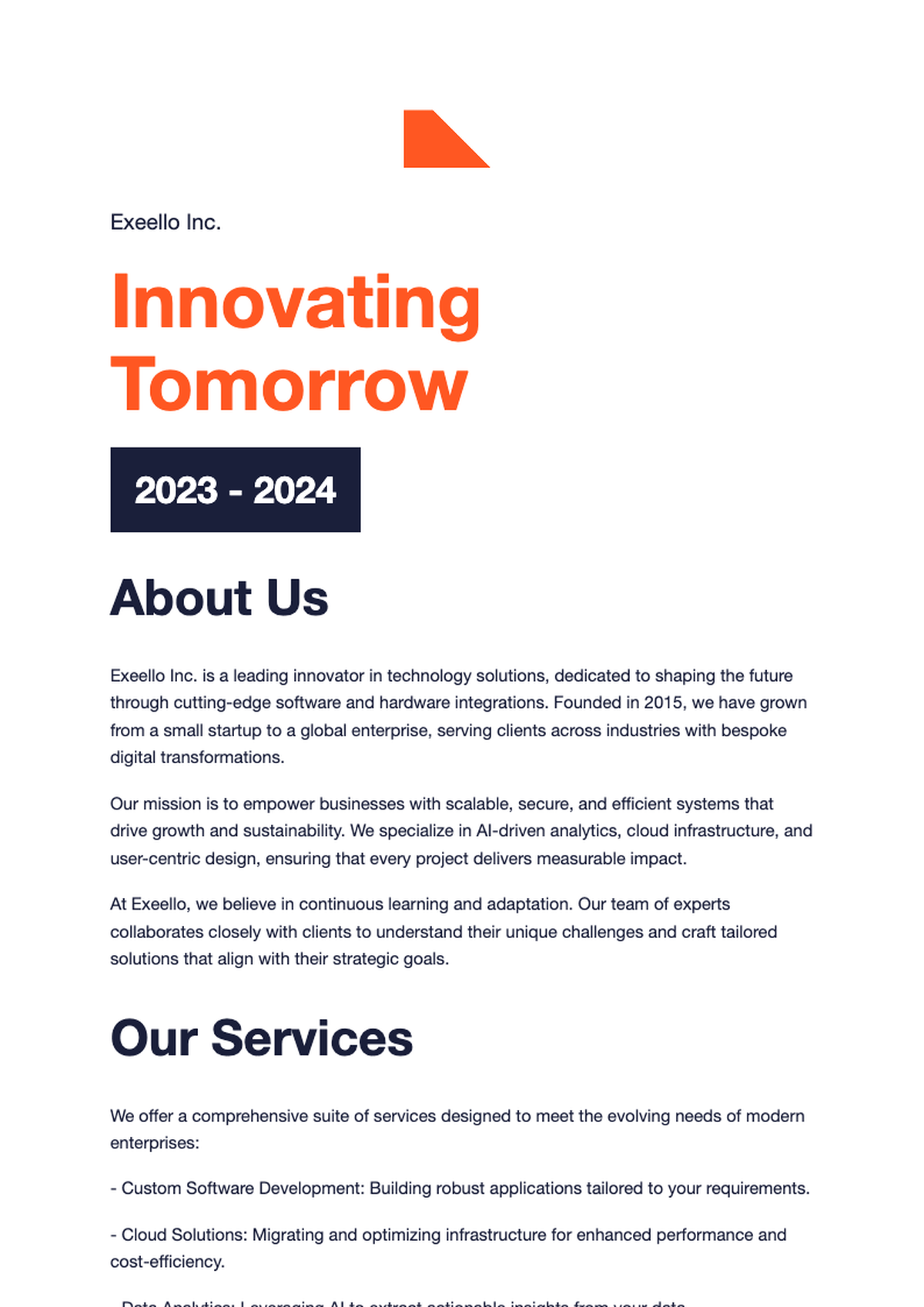 Corporate company profile brochure for Exeello inc with dual cityscape imagery and bold color_variant_2